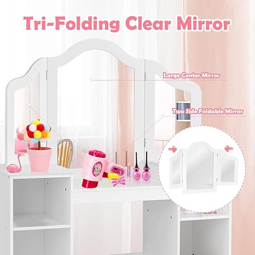 Miniatura 3 de Costzon Vanity - Tocador de maquillaje de princesa 2 en 1 con parte superior desmontable, tocador para niños pequeños con espejo triple y estantes