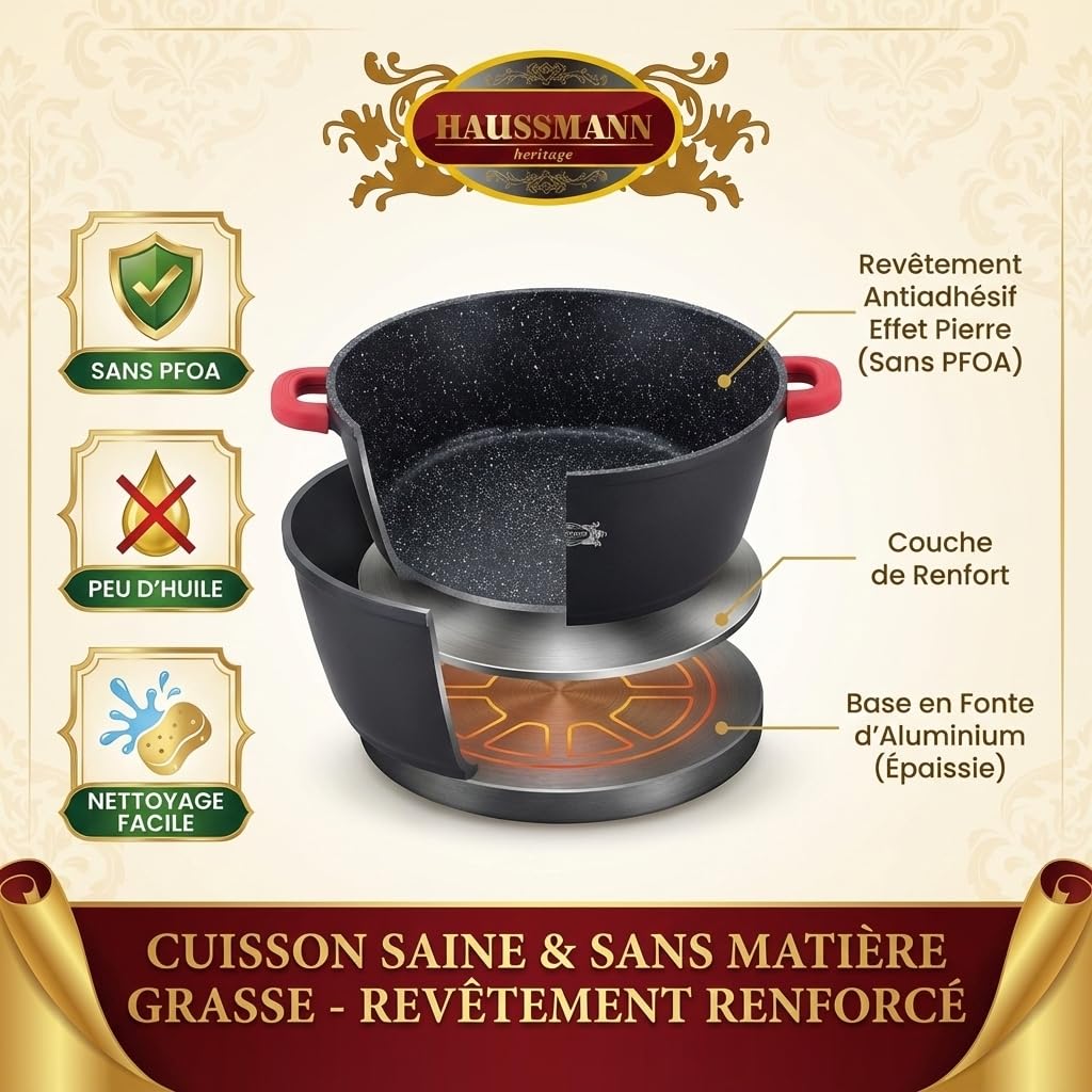 HAUSSMANN Heritage Marmite Faitout 32cm 9.4L – Fonte d'Aluminium Revêtement Pierre Antiadhésif – Compatible Induction & Four – Couvercle Verre & Poignées Silicone – Sans PFOA – Design Français