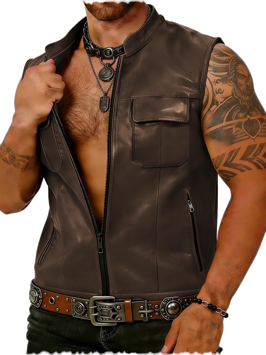 Men's Vintage Sleeveless Leather Vest Casual Stand Collar Waistcoat with Zipper Pockets
