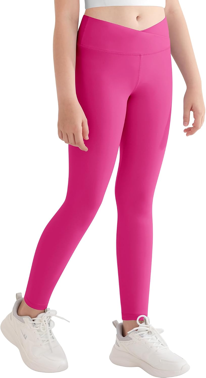 DOCUMO Girls Athletic Leggings Crossover High Waist Sports Pants for Kids Lounge Stretch Yoga Dance Gym Workout Running Pants