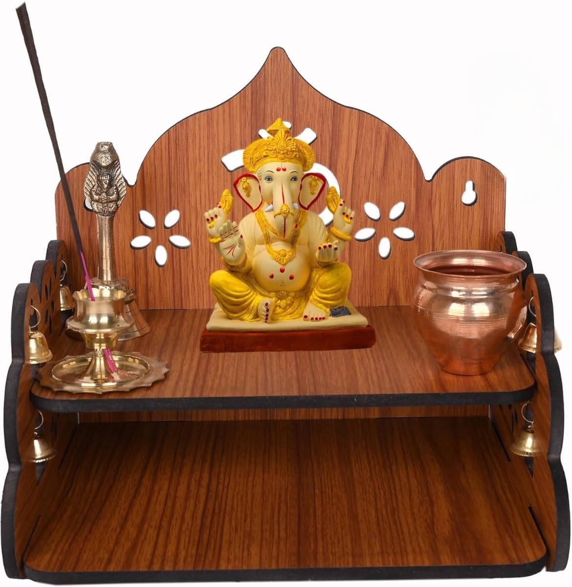 AR ART Engineered Wooden Pooja Temple for Home Mandir for Home Om Floral Style Design Temple for Home & Office Puja Mandir for Home Wall Mounted (L-8, W-8, H-9 Inch) (Light Brown)-image-29