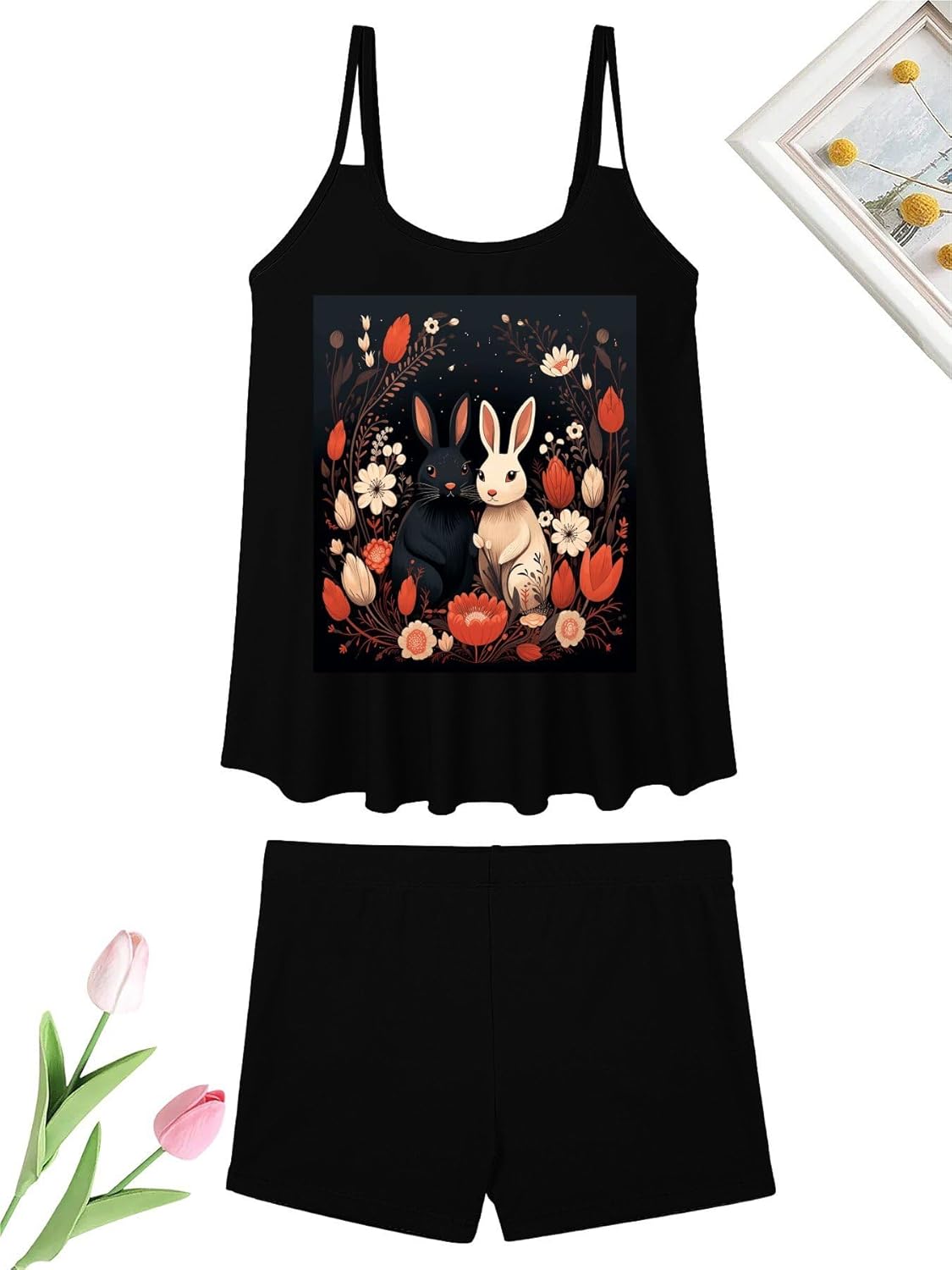 Cartoon Rabbit Couple Tankini Swimsuits for Women Tummy Control Two Piece Bathing Suits Swim Tops with Boy Shorts