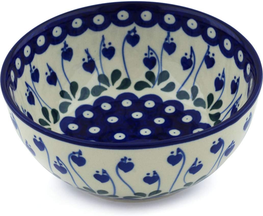 Polmedia Polish Pottery Bowl 6-inch - Bleeding Heart Peacock Pattern Handmade in Boleslawiec Poland by Ceramika Artystyczna + Certificate of Authenticity