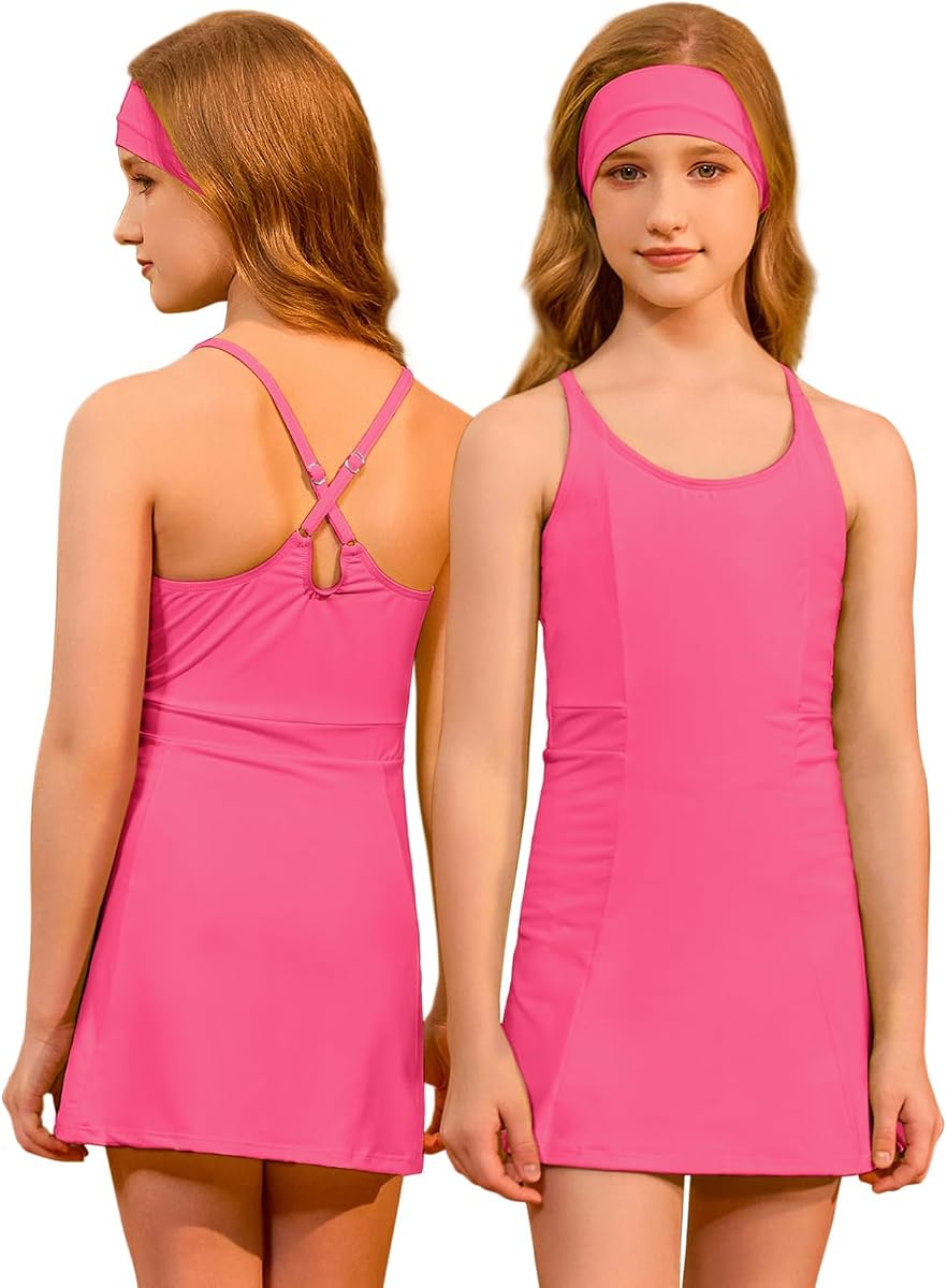 Girls Tennis Dress Golf Outfit Zipper Athletic Dress with Built in Shorts Workout and Cargo Pockets 4-13Y