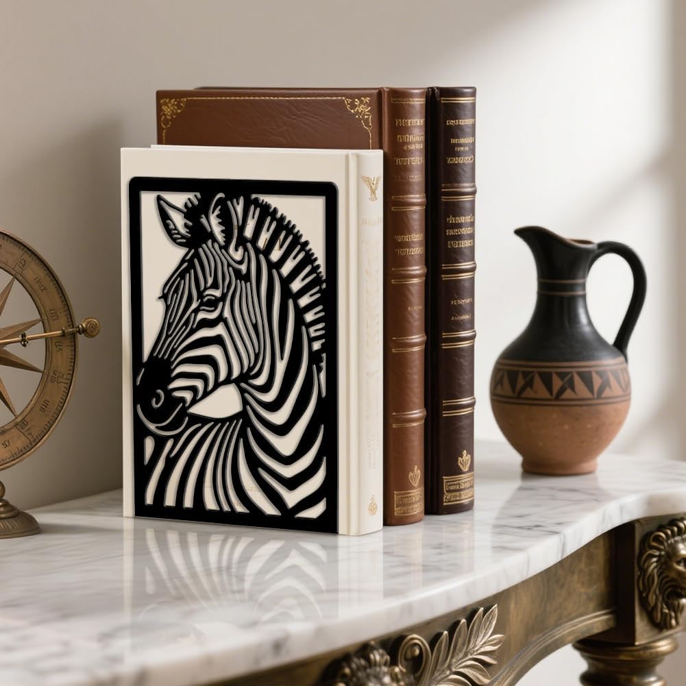 Peacoblue Metal Bookends for Shelves, Modern Decorative Heavy Duty Study Book Ends Stoppers for Office, Desk, Shelf, Room 5.3"x4.3"x7.9" Cast Iron Simple Tall Bookends 1 Pair (Zebra)