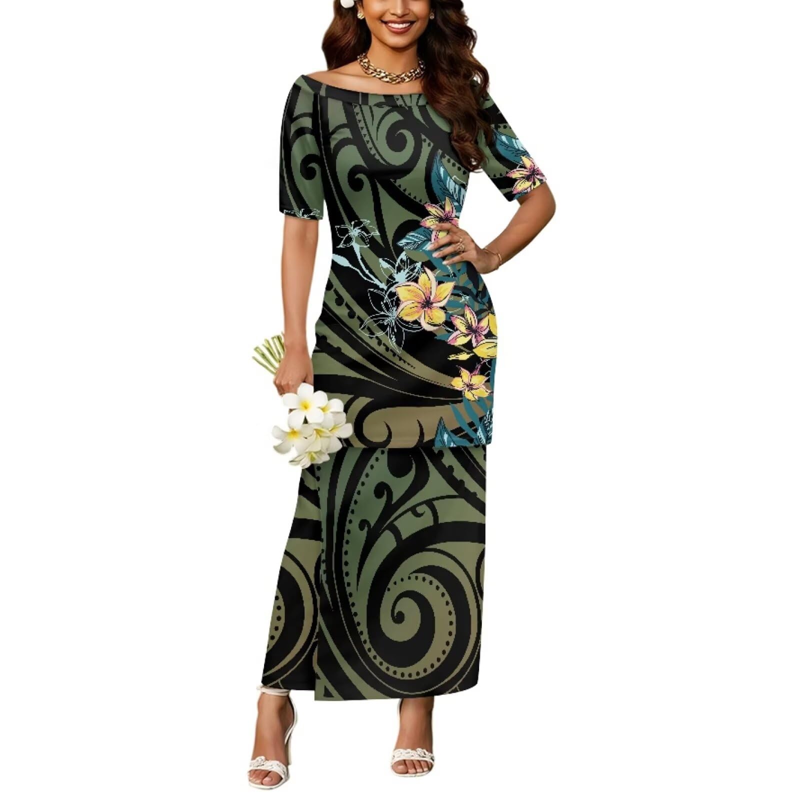 Women's Two Pieces Outfits Polynesian Puletasi Samoan Off Shoulder Crop Top and Maxi Skir…