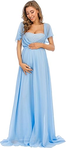 Miniatura 2 de ZIUMUDY Vestido de gasa de maternidad con hombros descubiertos para sesión de fotos, maxi vestido de encaje para baby shower, vestido de fiesta