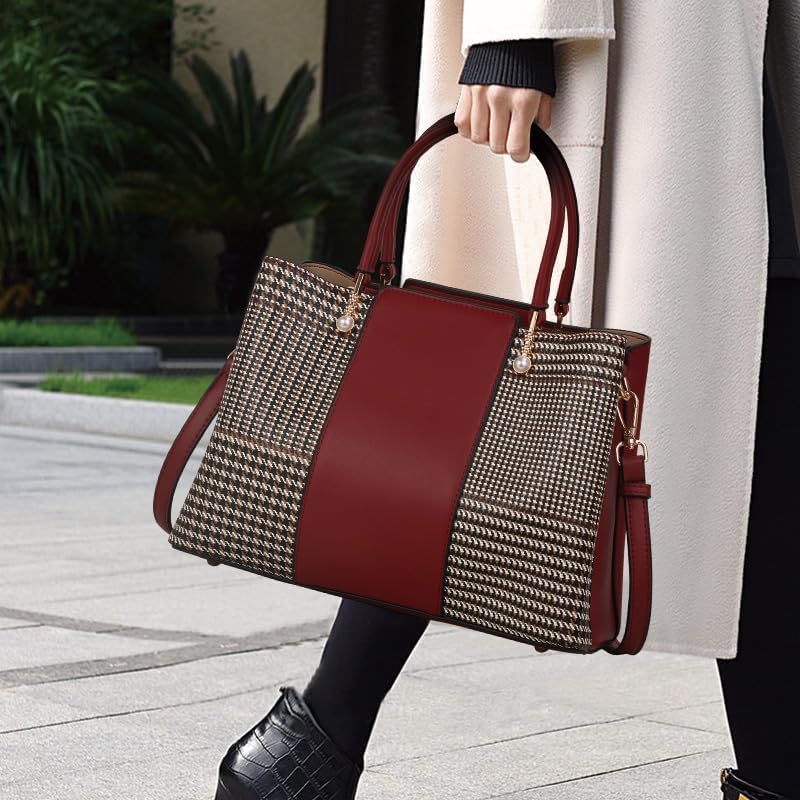 Top-grain leather checkered red handbag with detachable shoulder strap, large capacity, single-strap tote bag for women, purse
