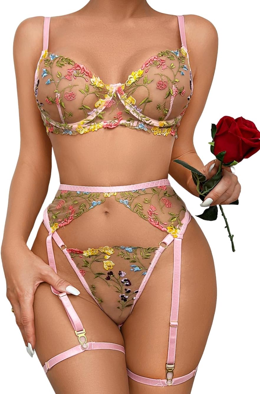 Kaei&Shi Vibrant Floral Embroidery, Underwire, Thong, Thigh Straps, Lingerie Set