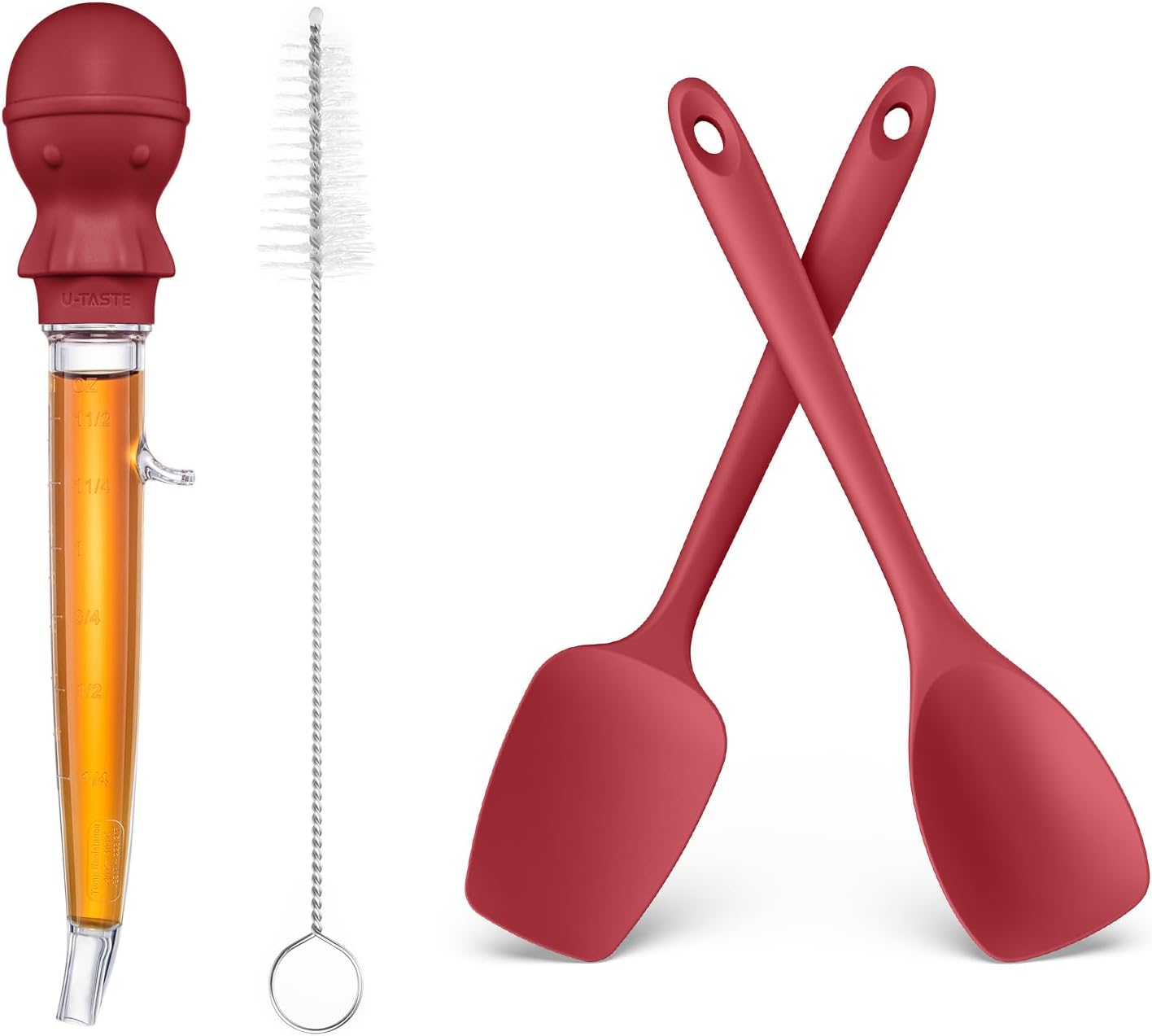 U-Taste 228.2℉ Heat Resistant 1.5oz Angled Turkey Baster and 600ºF Heat Resistat Silicone Flexible Baking Spoon Spatula & Cooking Scoop Spoonula (Red)