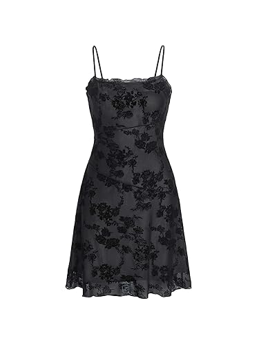 Verdusa Women's Gothic Mini Dresses Floral Spaghetti Strap Mesh A Line Short Dress Grunge Alternative Clothes - Medium - Black Multi
