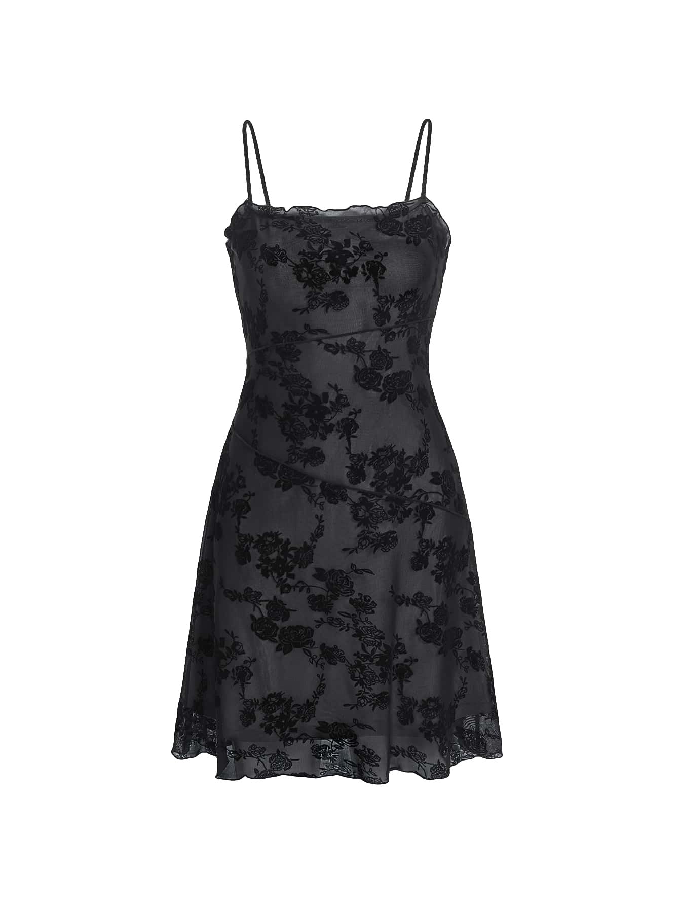 Verdusa Women's Mini Dress Floral Spaghetti Strap Mesh Dresses Going Out Festival Concert Outfits Grunge Gothic Clothes: Medium Black Multi