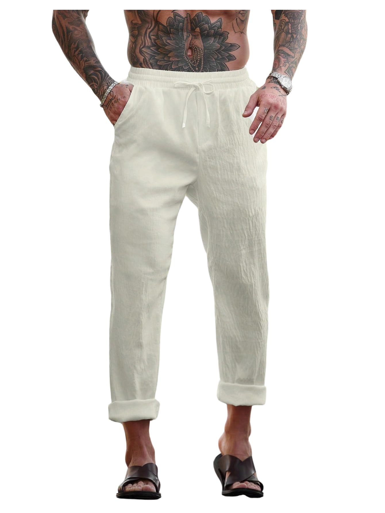 Floerns Mens Casual Straight Leg Pants Elastic Waist Drawstring Trousers with Pockets