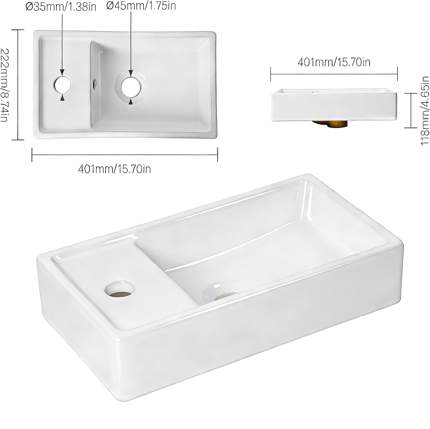 NUESTRA VIDA Hängendes Mini-Waschbecken aus weißer Keramik mit schwarzem Matt-Metallgestell – 40x22x24 cm, eckig, mit Überlaufloch – Ideal für Gäste-WC – ohne Armatur und Pop-up-Abfluss
