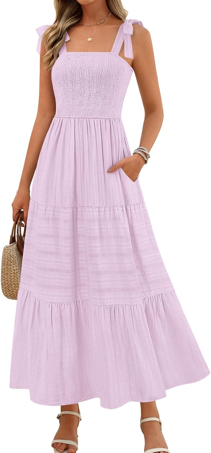 MEROKEETY Women's Summer Boho Maxi Dress Beach Vacation Casual Smocked A Line Sundress with Pockets