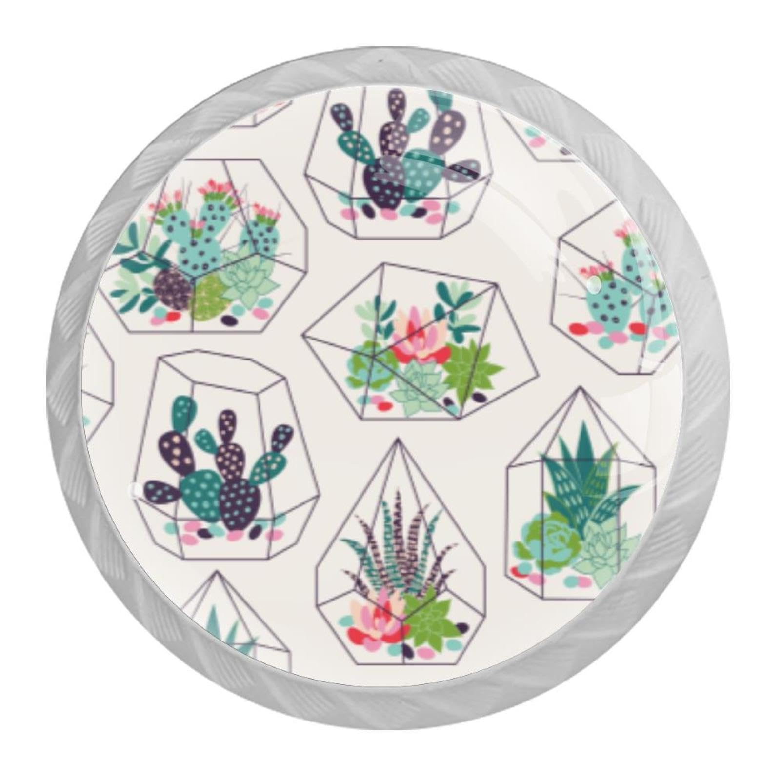 Tqmspg Multi04 4 Pieces Drawer Pulls Succulents And Cactus Pattern Door Knobs Dresser Handles For Kitchen Wardrobe Cupboard Hardware Furniture