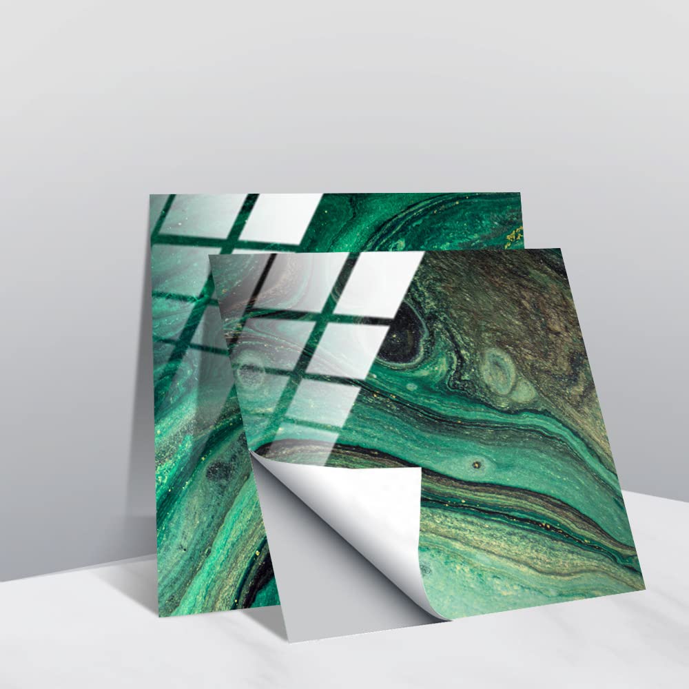 LMYSXAOZ 20 PCS Tile Stickers, Self Adhesive Wall Tiles for Kitchen Bathroom, Oil Proof Peel and Stick DIY Floor Modern (Green Marble, 20x20cm)