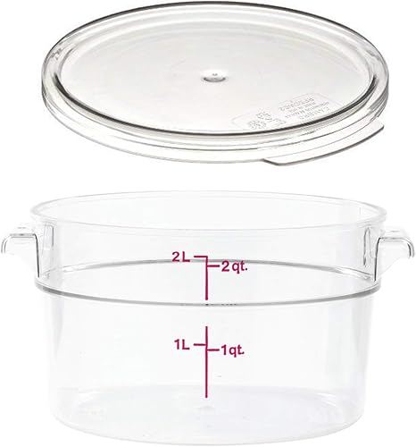 Cambro RFSCW2135 Camwear Contenedor redondo transparente de almacenamiento de alimentos de 2 cuartos de galón con tapa redonda transparente Cambro