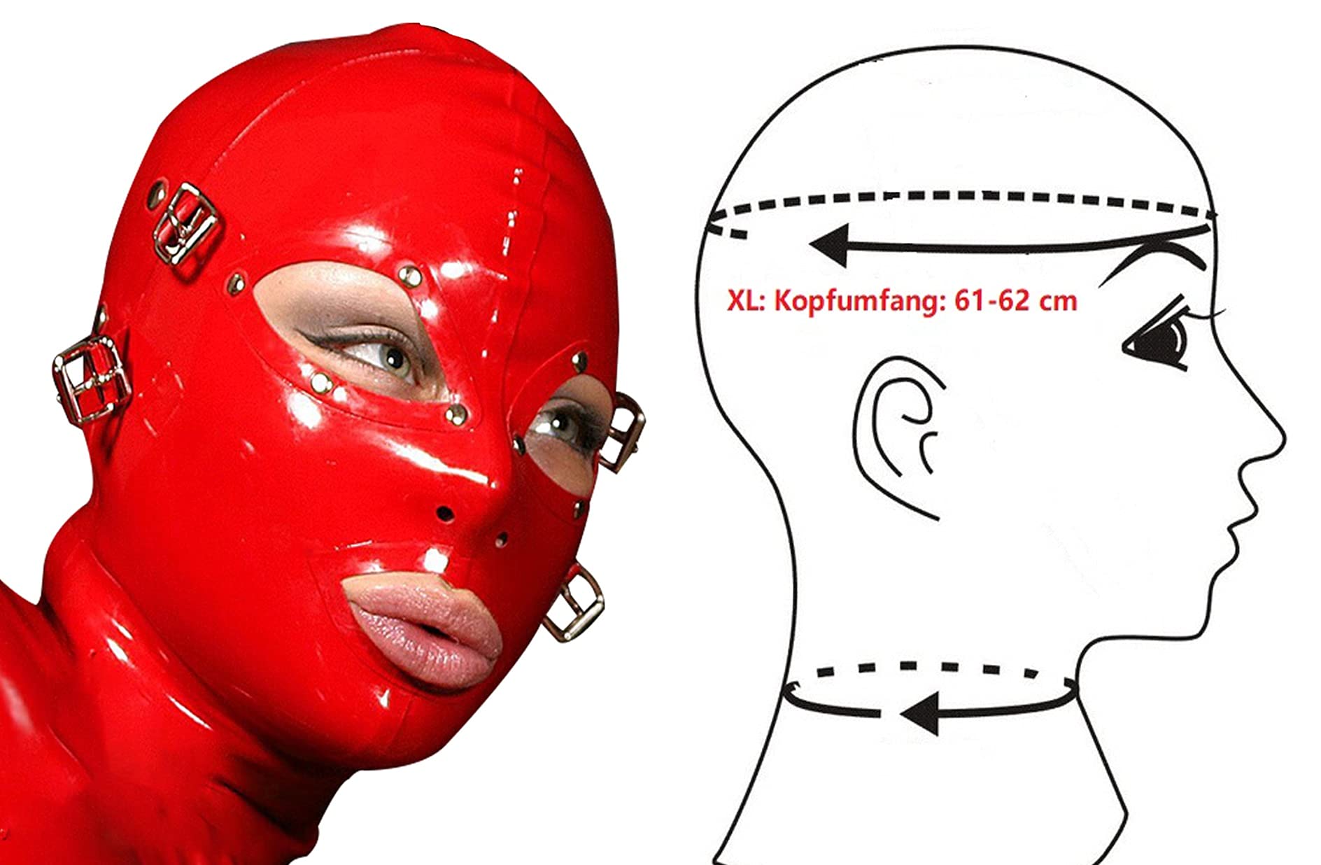 Sexy Erotik Rote Latex Bondage Maske Mit Abnehmbaren Augen und Mundaufklebern, Rückseitigem Reißverschluss, Fetisch BDSM Cosplay, Mode Liebhaber (XL)