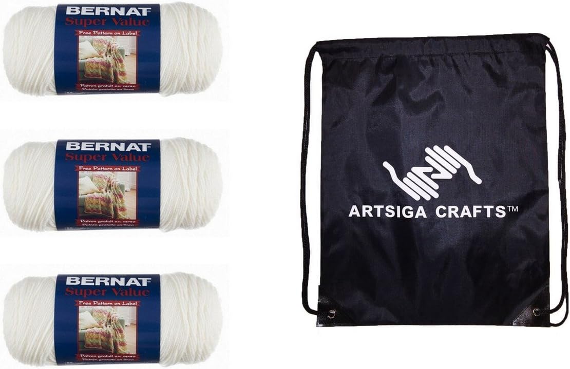 Bernat Super Value Solid Yarn Pack of 3 with 1 Artsiga Crafts Project Bag