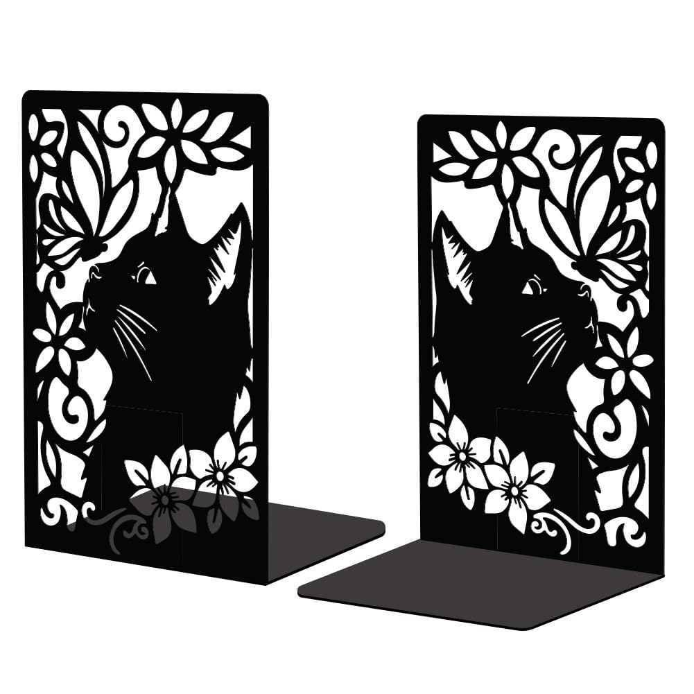 Peacoblue Metal Bookends for Shelves, Modern Decorative Heavy Duty Study Book Support Stoppers for Office, Desk, Shelf, Room 5.3"x4.3"x7.9" Cast Iron Simple Tall Bookends, 1 Pair (Cat and Butterfly)