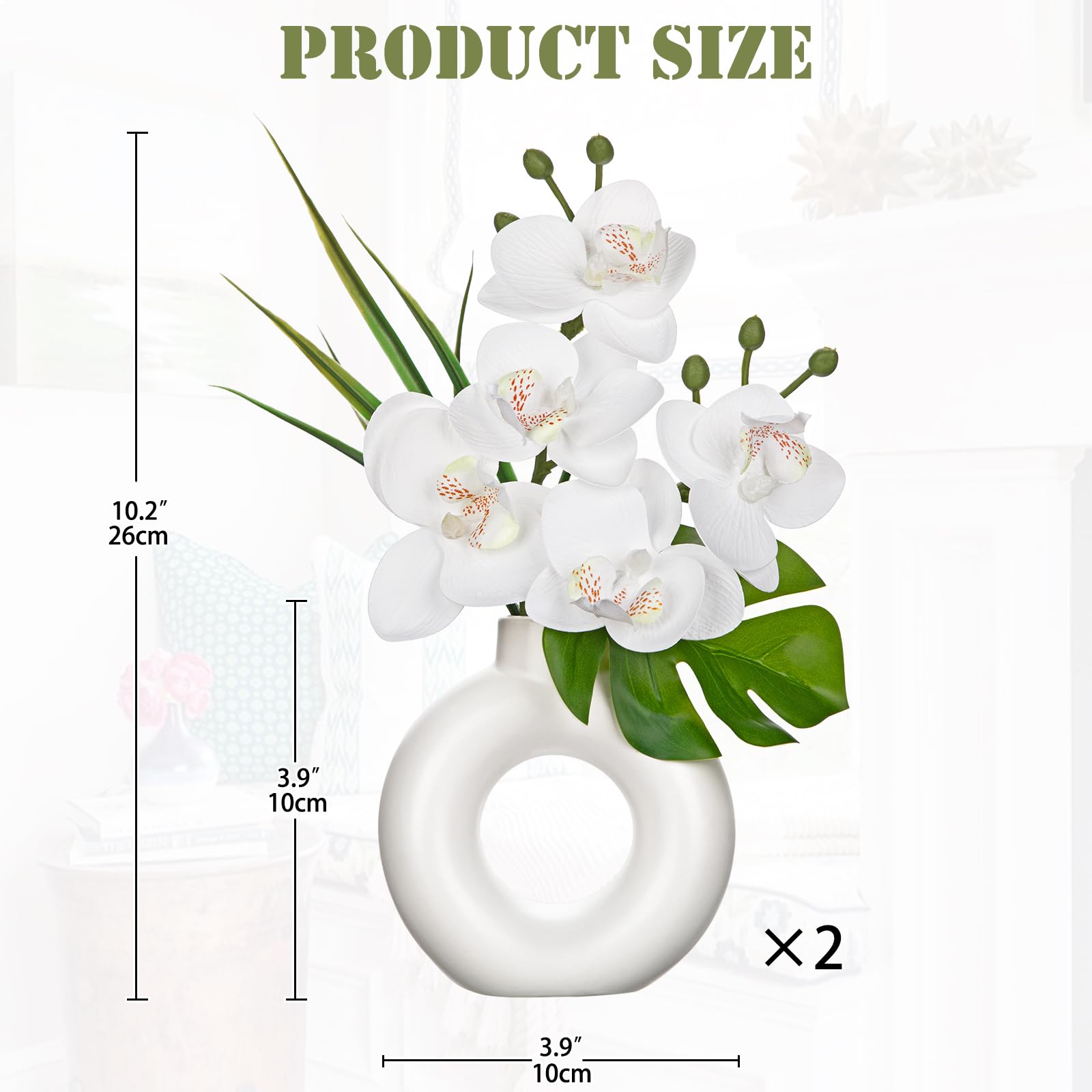 Lot de 2 mini plantes artificielles orchidées avec vase donut en céramique - Fleurs artificielles - Fleurs artificielles comme de vraies fleurs avec fleurs Real-Touch dans un pot en céramique -