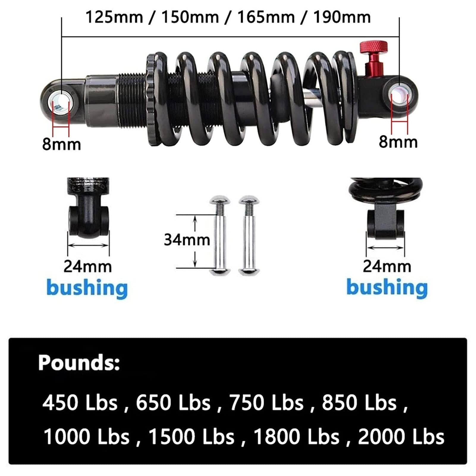 Amortiguador Reemplazo de suspensión del Amortiguador Trasero Bicicleta montaña 125 mm 150 165 190 Ajustes Resorte amortiguación 2000 Lbs 1800-1800(125mm(5")-450 Lbs)