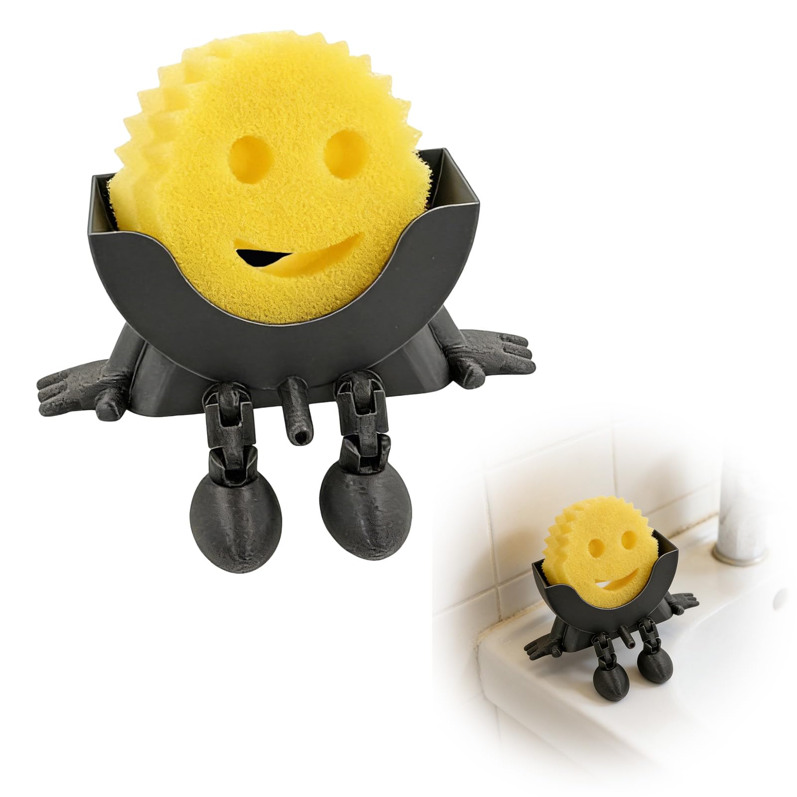 Funny Hanging Sponge Holder with a Smiley Sponge, 3D Printed Sponge Holder with Drainage, Cute 3D Printed Sponge Stand for Kitchen Sink, Scrub Daddy Holder, Keeps Sponge Dry & Smiling (Black)