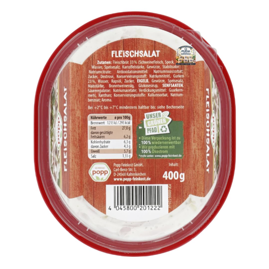 PUFAI Bundle – Fleischsalat 400 g – Cremiger Feinkostsalat mit Fleischbrätstreifen und Gewürzgurken als Beilage und Brotbelag – Vorteilspack 4er-Set