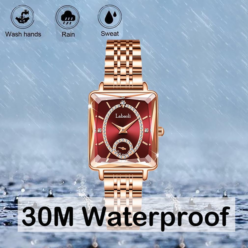 Watches for Women Rose Gold Square Stainless Luxury Fashion Diamond Analog Quartz Waterproof Dress Casual Small Simple Ladies Female Wife Girls Gifts Gold Wrist Watch