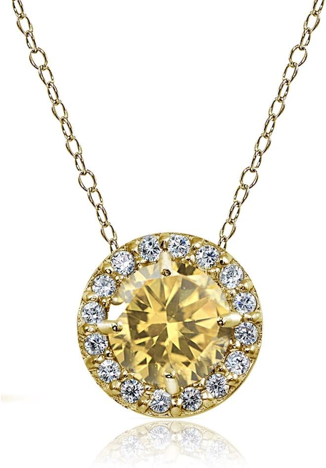 Ice Gems Yellow Gold Flashed Sterling Silver Genuine, Created or Simulated Gemstone and Cubic Zirconia Accents Round Halo Necklace
