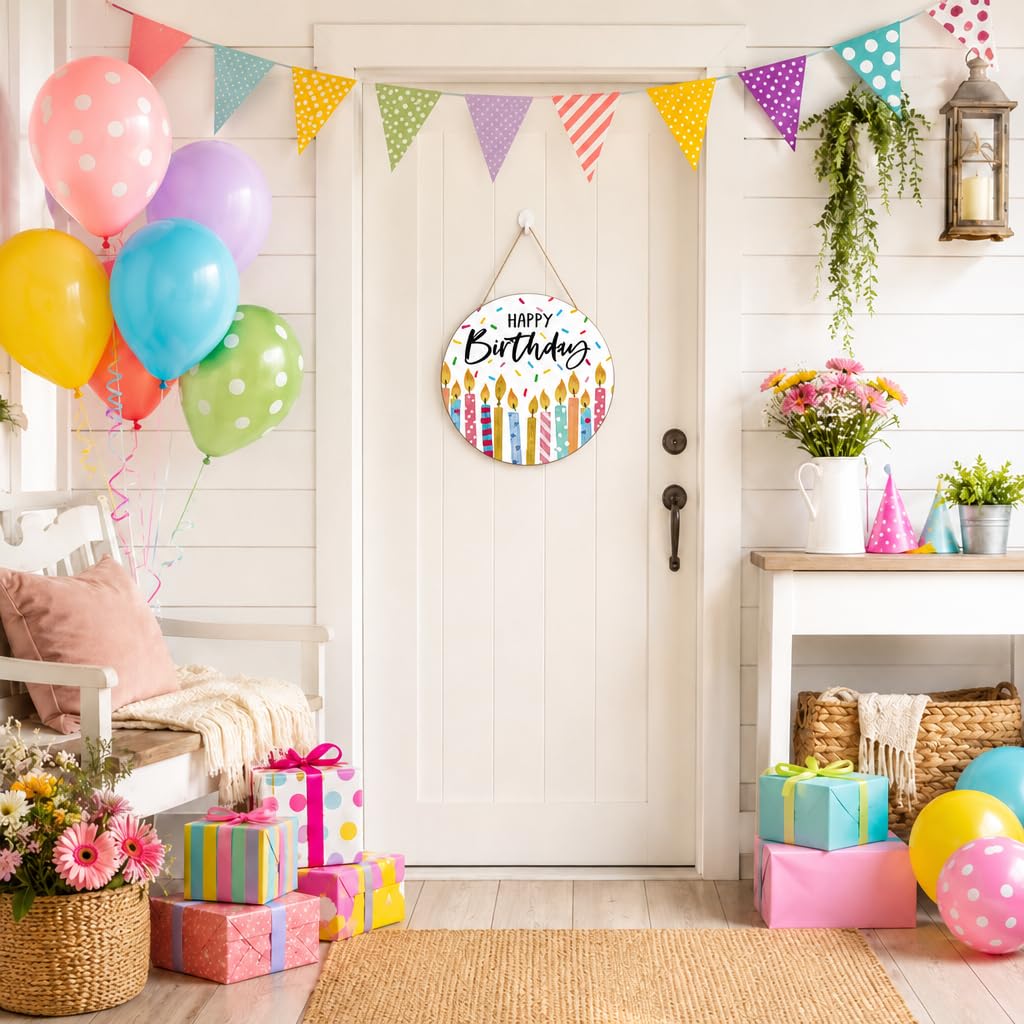 Smile 'Happy Birthday' drewniany okrągły wieszak na drzwi, kolorowe kropki konfetti znak na drzwi na przyjęcie urodzinowe dom drzwi wejściowe dekoracje ścienne