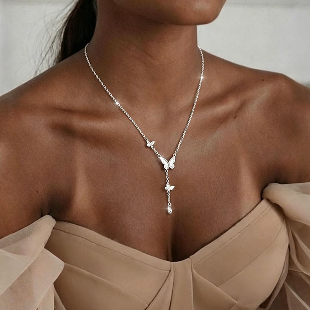 925 Silver Sterling Lariat Necklace for Women Dainty Butterfly Short Y Necklaces Chain Minimalist Necklace Jewelry Gifts