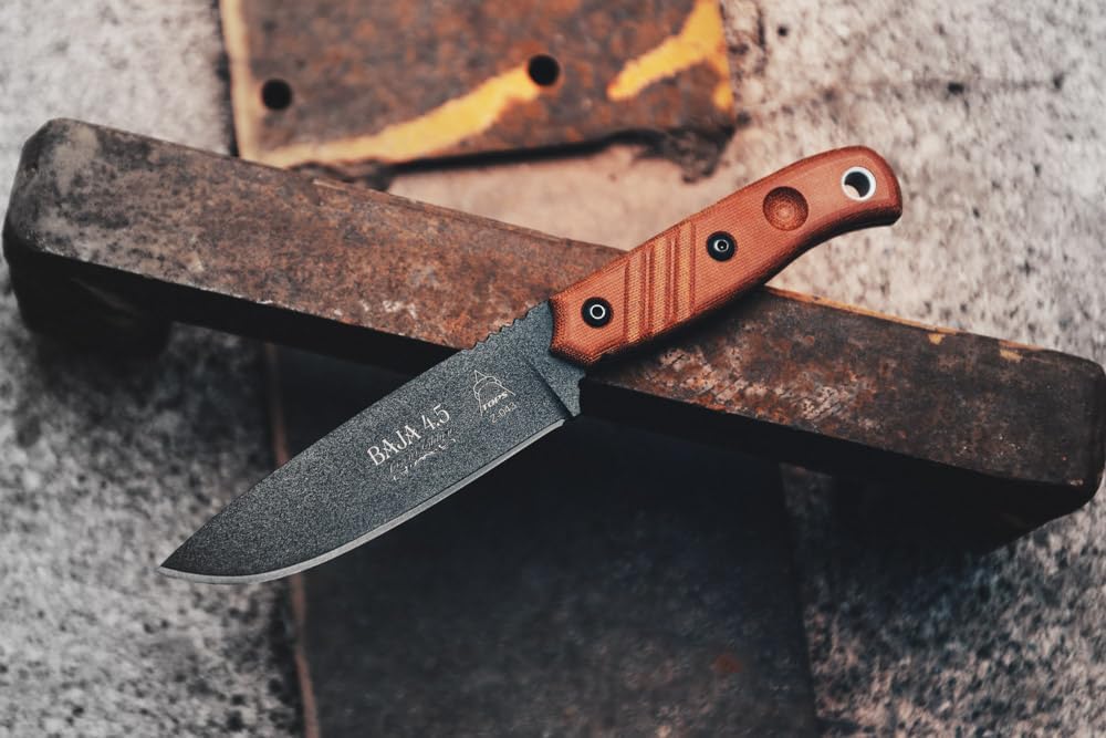 Tops Knives Baja 4.5 Reserve Edition Full Tang fixed Blade- Black Traction Coating Blade Finish- Brown Leather Sheath w/Belt Loop (Tan Canvas Micarta)