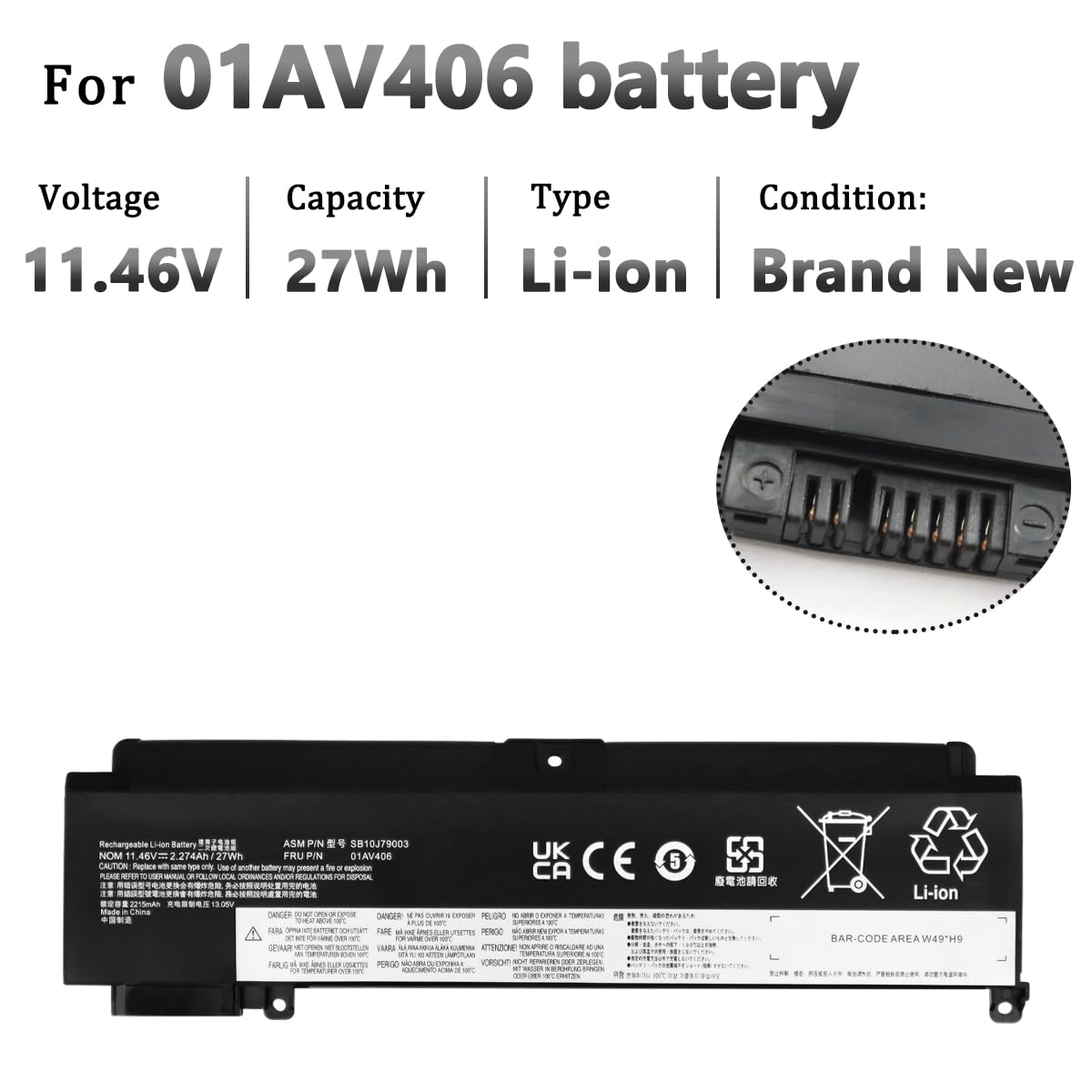 01AV406 01AV405 Batería para Lenovo ThinkPad T460S T470S Serie 01AV462 00HW024 00HW025 00HW038 01AV407 01AV408 SB10J79002 L16M3P73 SB10K97605 SB10F46462 SB10F46463 SB10J79003 11.46V 27Wh