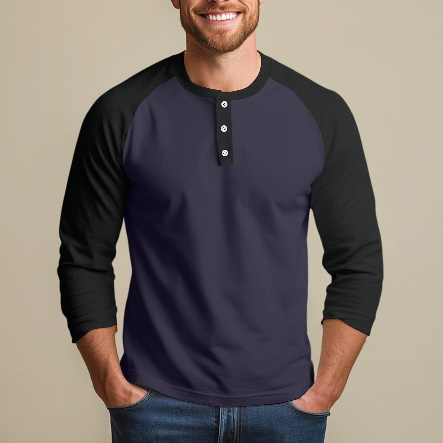3/4 Sleeve Shirt Men Big and Tall Comfy Casual Henley Shirts Lightweight Summer Color Block Athletic Jersey Tee Tops