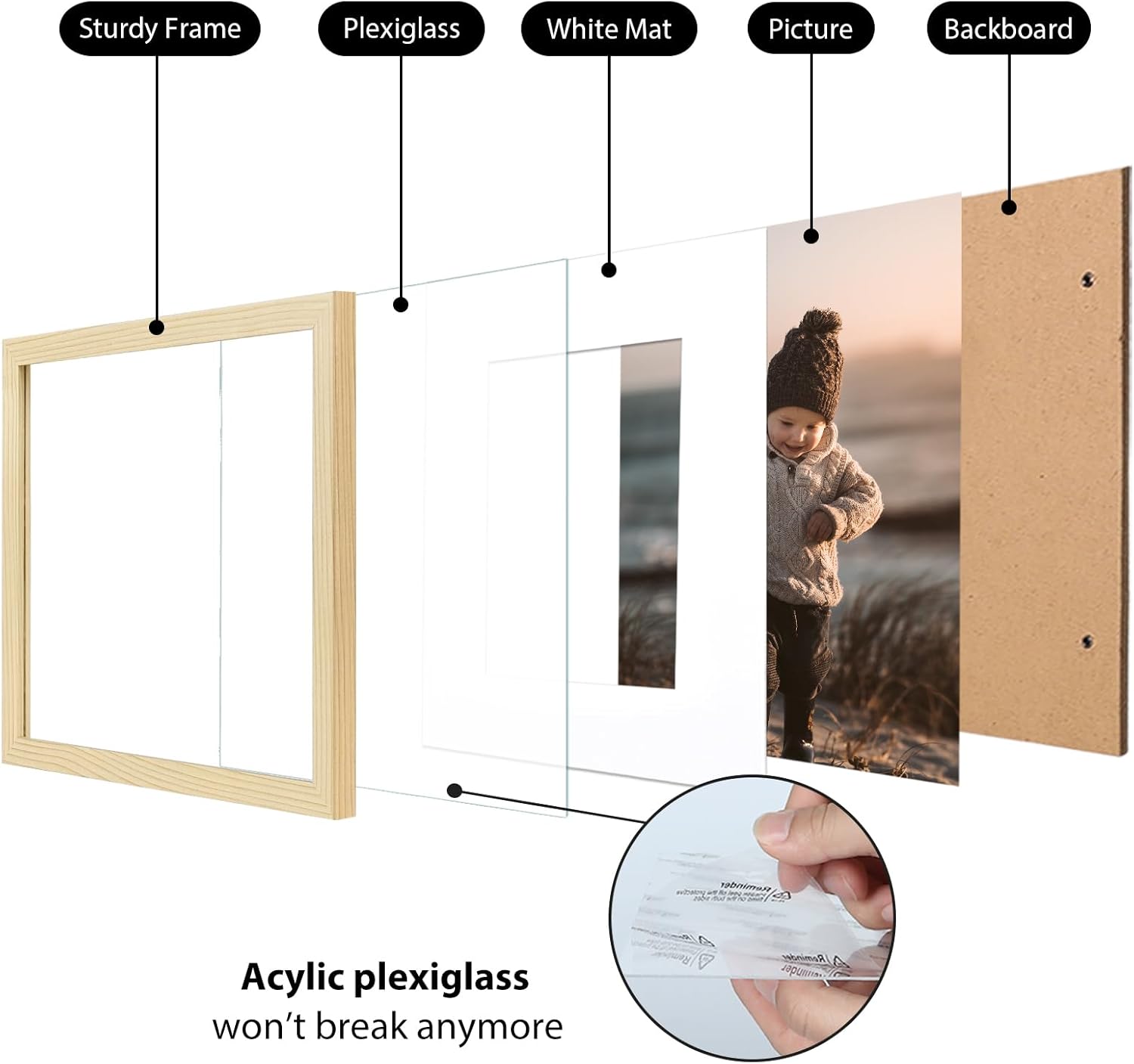 kinlink 9x9 picture frame wood grain set of 4, wooden square photo frames matted 7x7 with plexiglass for 7x7 with mat or 9x9 without mat for table and wall display wood grain 9x9