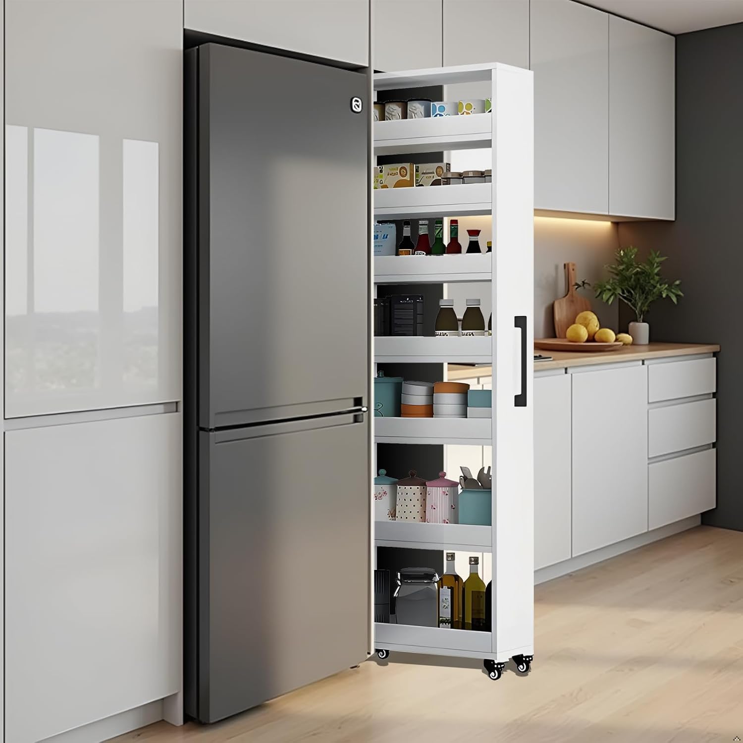 7-Tier Slim Storage Cart, Wooden Rolling Pantry Cabinet with Wheels, Narrow Shelf Organizer for Kitchen, Bakers Rack, Dining Room, Closet, Small Spaces Warm White 47.2" H*5.9" W*23.6" D