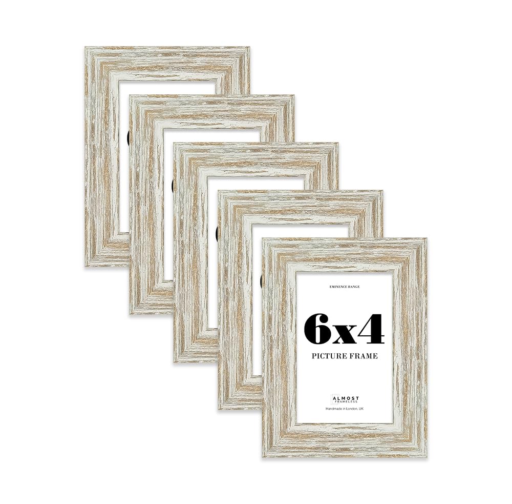 6x4" Distressed White Oak Picture Frame - Rustic Wood Industrial Effect Photo Frame for Wall Display, Ideal for Posters, Prints & Home Décor, Wall Hooks and Kickstand, 32mm Edge - 5 Pack