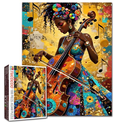 African Women Black Gir Puzzles 1000 Pieces for Adults, African Americans Jigsaw Puzzles for Cool Girl Playing The Cello Wall Decor DIY Craft Puzzle Art - 19.7 x 27.6 Inches by Aihonmin - Used condition - US$13.79