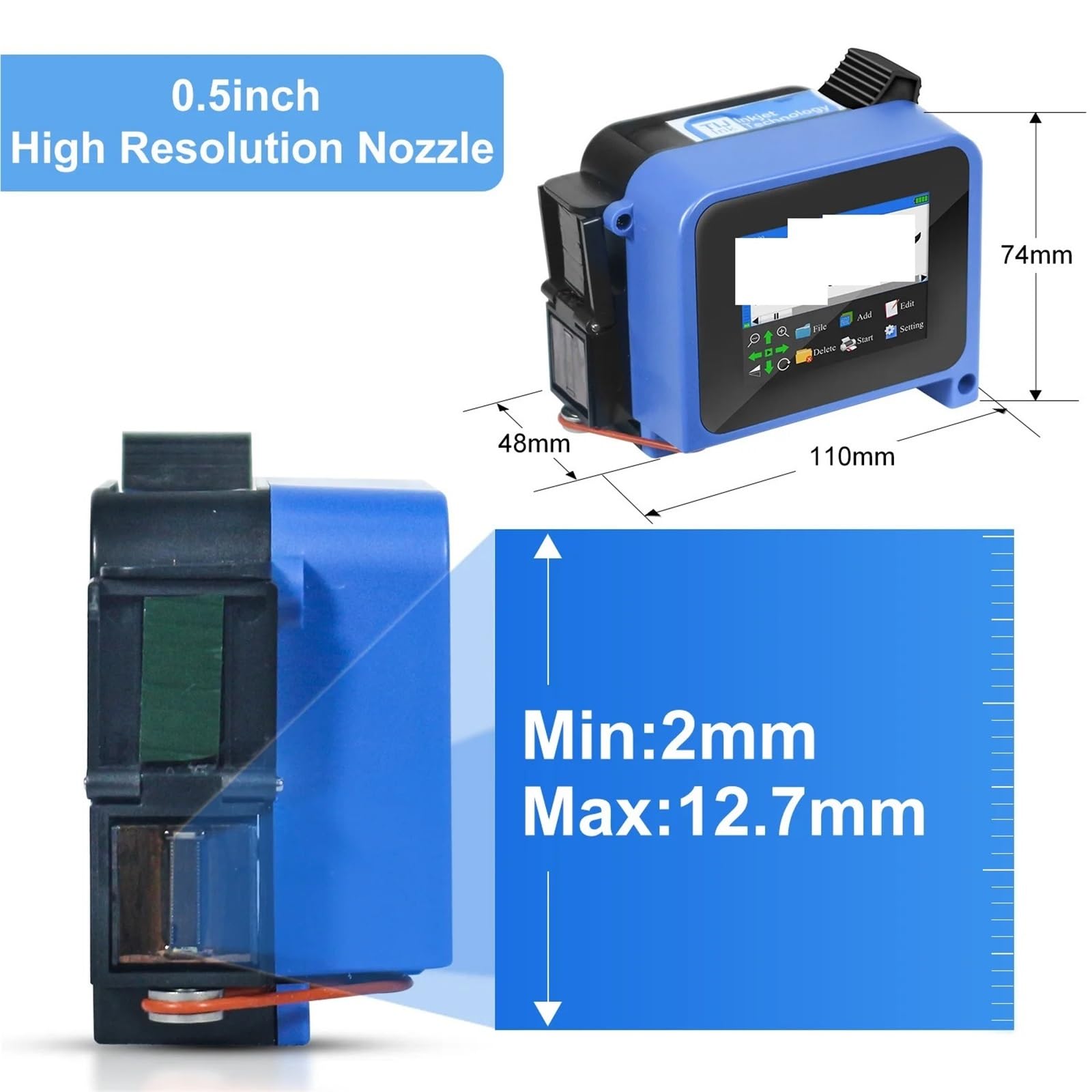Przenośna mini drukarka atramentowa 12,7 mm do kodów kreskowych QR, numerów partii i dat ważności, 28 języków(Include 2 Cartridges)