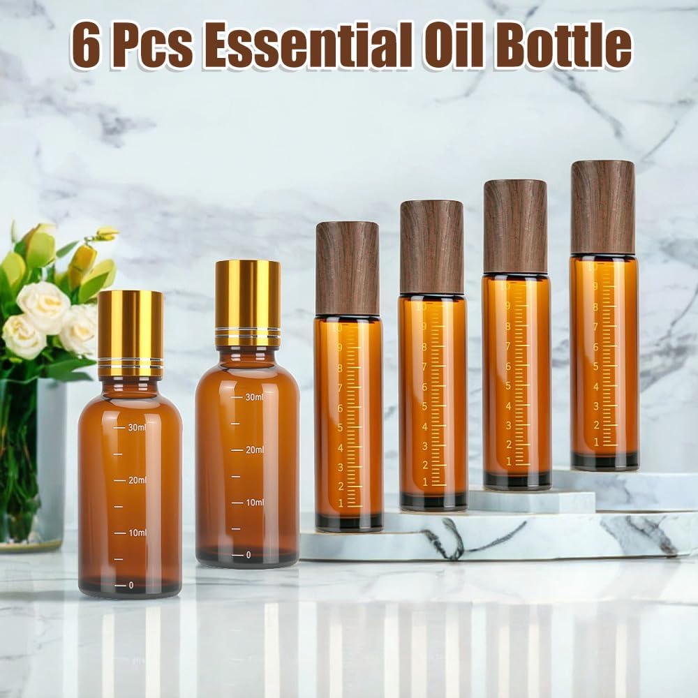 6Pc Essential Oil Roller Bottles, 4*10ml & 2*30ml Roll on Bottles