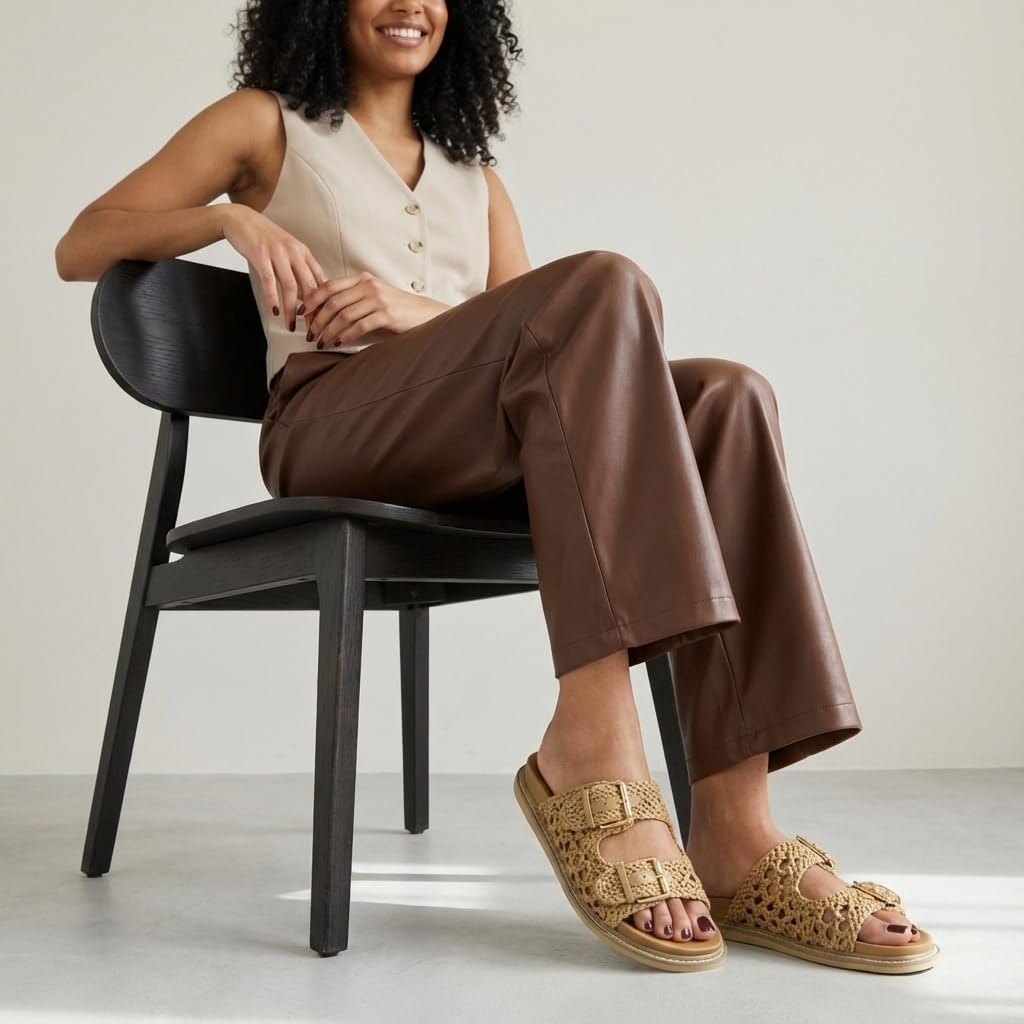 CUSHIONAIRE Weaver Summer Sandals for Women - Shiny Raffia Woven Slip On Womens Slides with Adjustable Buckle