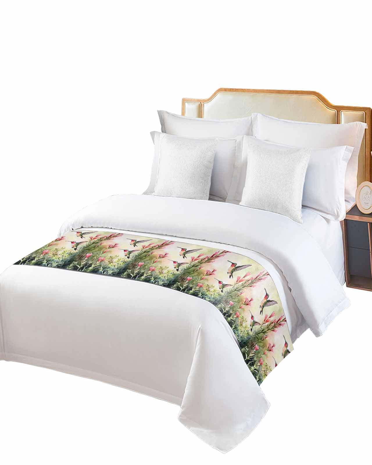 DecorLovee Hummingbird Red Floral Bed Runners for Cal King Size Bed, Decorative Bed Throws for Foot of Bed, Rustic Botanical Green Ombre Bed Runner Sofa Throw Bedding Scarf Protector for Bedroom