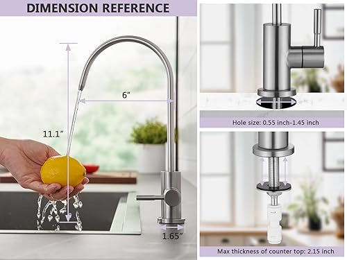 Miniatura 4 de Tohlar Grifo de agua potable para fregadero de cocina, grifo de agua filtrada de níquel cepillado, grifo de ósmosis inversa sin plomo, sistema de