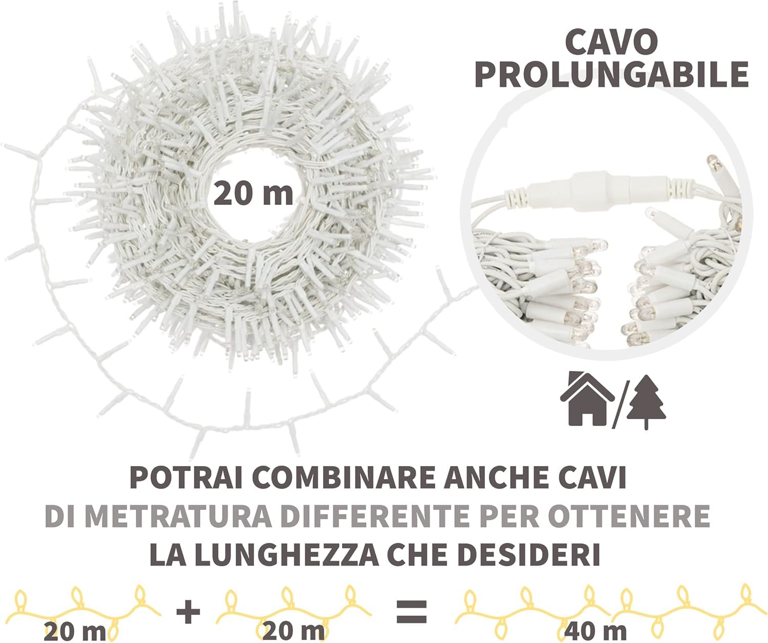 GINMA - Luci Di Natale da Esterno Professionali a Risparmio Energetico e Alta Impermeabilità - Luminarie Natalizie da Esterno (Bianco Caldo DIAMANTE, 20 Metri (200 LED))