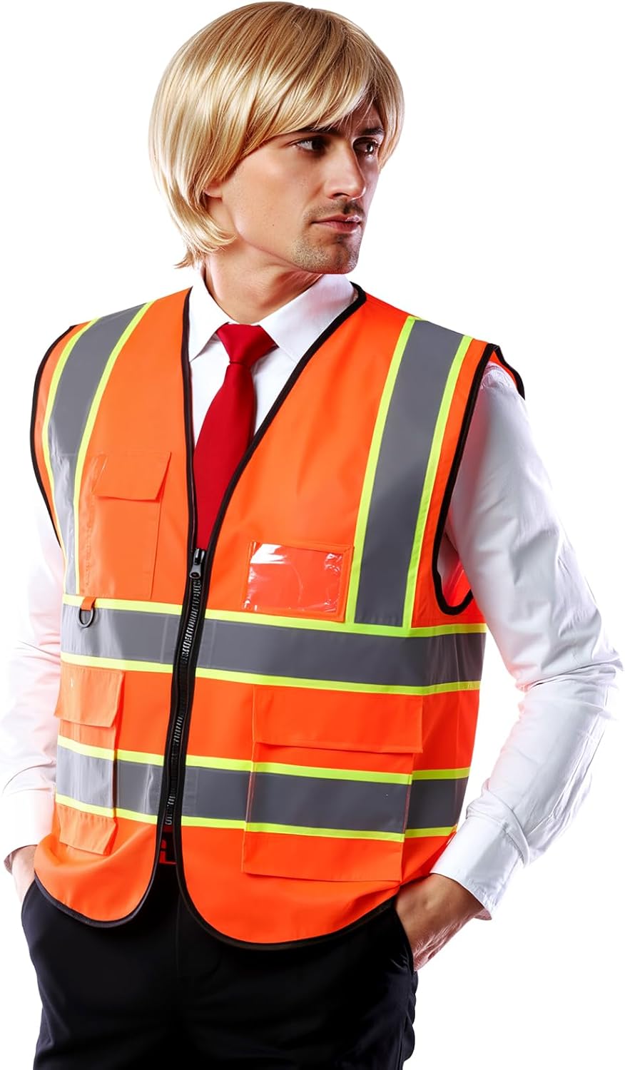 3 Pcs Celebrity Costume Kit Halloween Funny Celebrity Cos Cleaner Presidential Candidate Wig Set Including Orange Vest, Wig, Red White Tie for Halloween Cosplay Party - Image 4