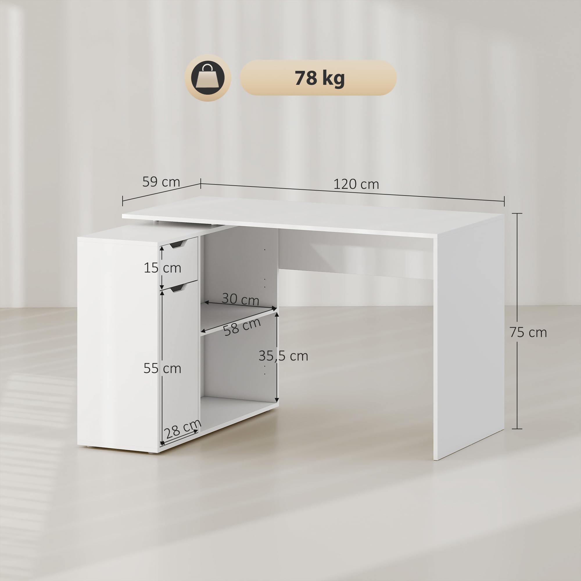HOMCOM Eckschreibtisch Computertisch mit Schublade 120 x 96 x 75 cm Weiß | L-Form Winkelschreibtisch, 1 Tür, Offene Ablagen, für Dokumente im A4-Format, Hergestellt in der EU