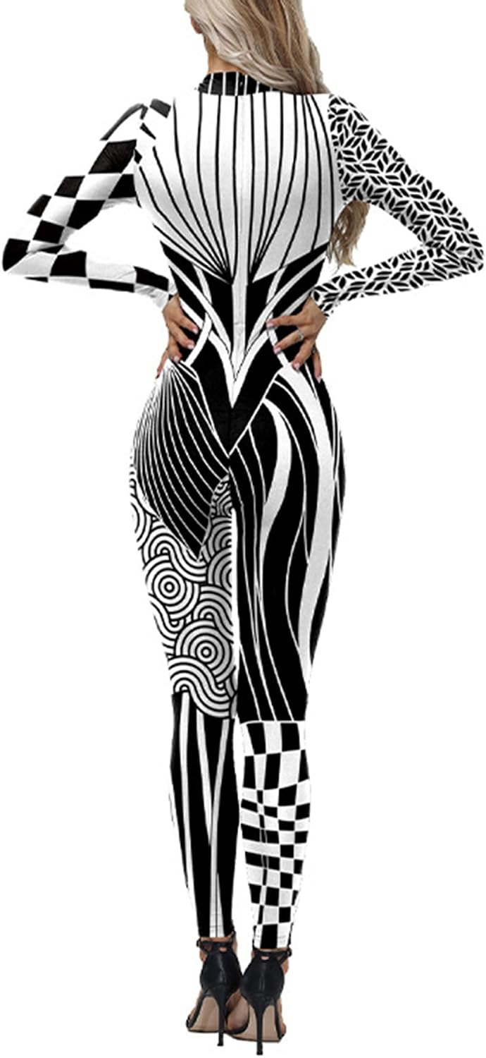 Geometric Abstract Printing Skinny Zipper One Piece Jumpsuit Long Bodysuit Outfits