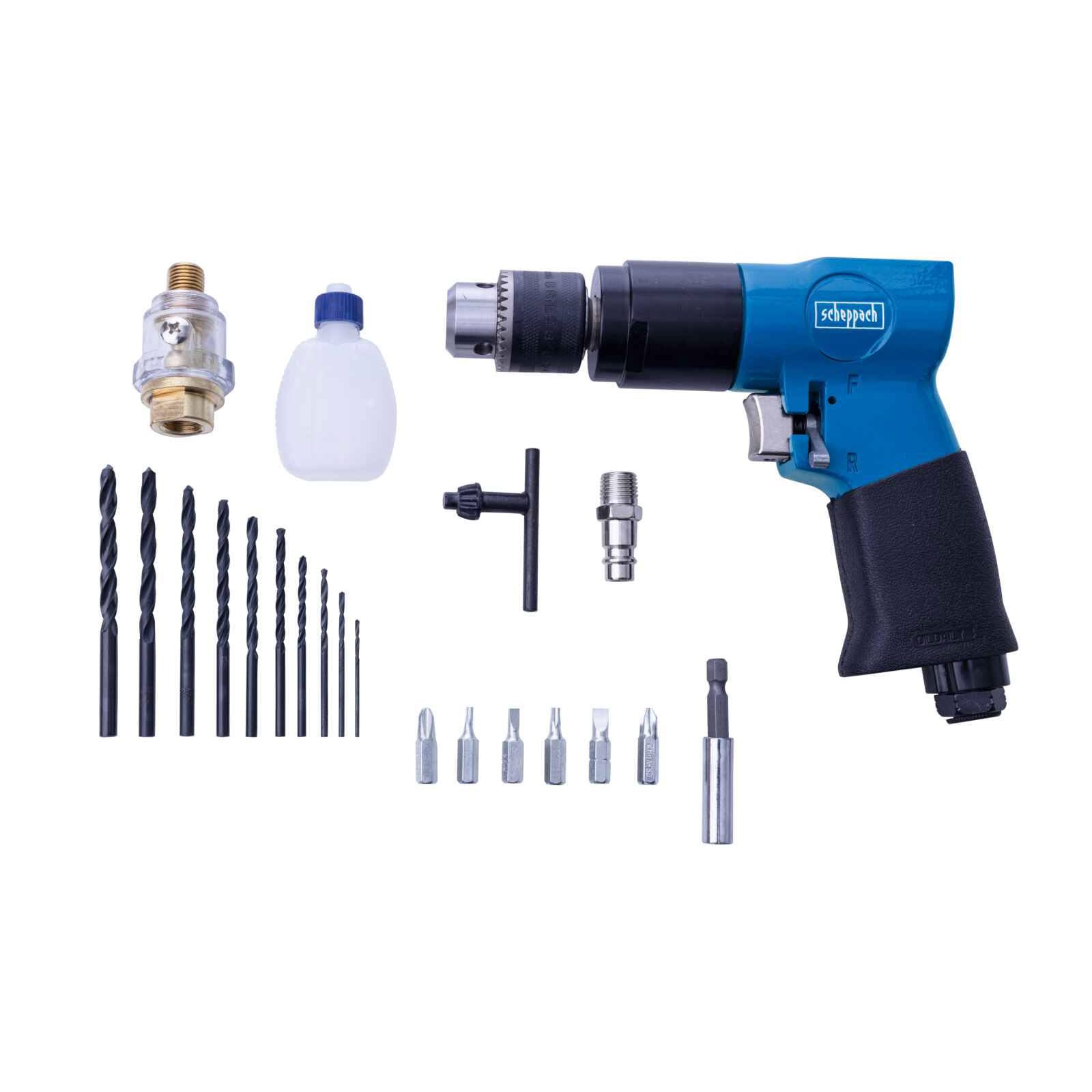Scheppach | Kit perceuse pneumatique | 6,​3Bar | Compact et Léger | Capacité du mandrin 1 à 10mm | Livrée avec 10 foret et 6 embouts